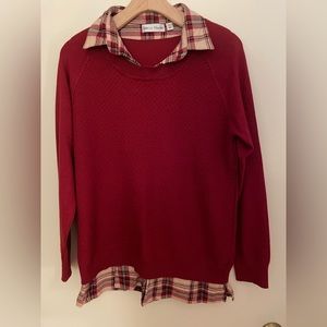 Rebecca Malone long sleeve sweater w/sewn in collar & bottom ruffle, red, size L